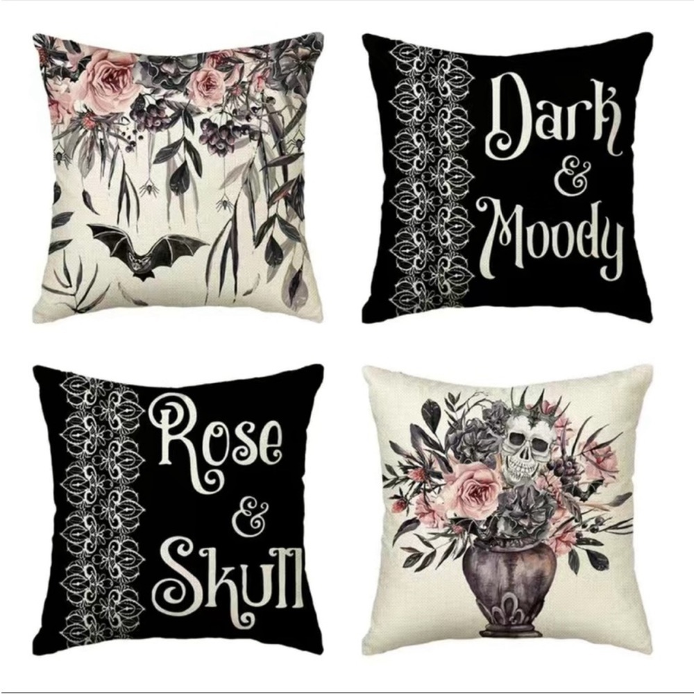 4 Pcs Set Halloween Rose Skull Square Cushion Cover Hidden Zipper Single-sid…‎